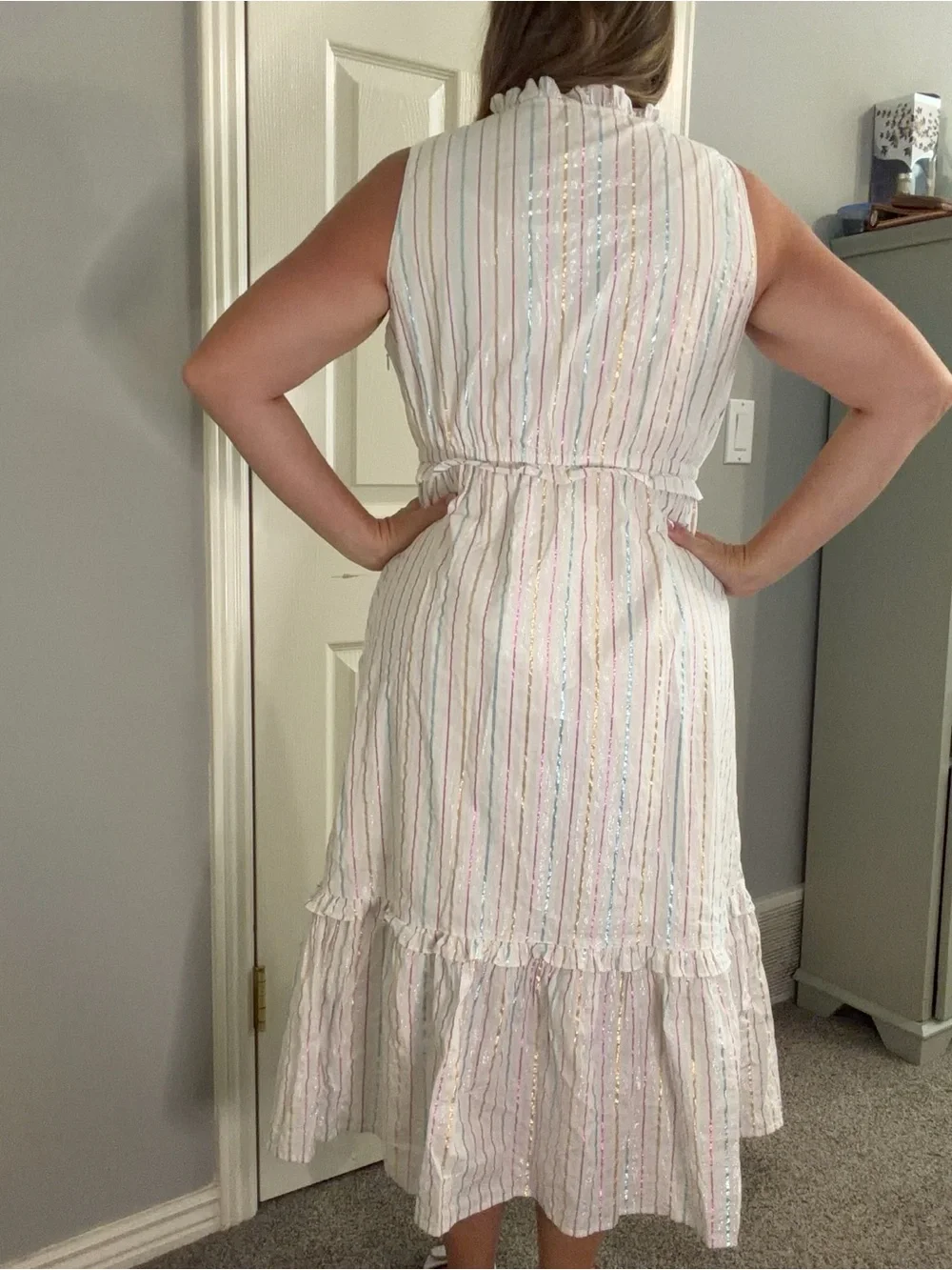 J Crew Sleeveless White Stripe Ruffle-Hem Maxi Dress